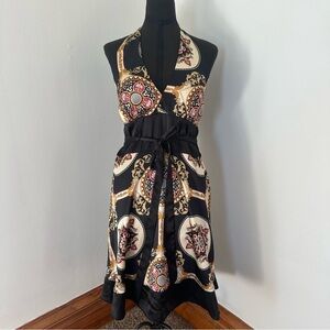 Charlotte Russe black & gold halter dress with tie waist and floral print Size L